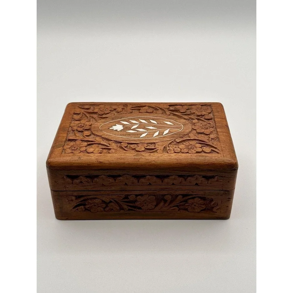 Hand Carved Wooden Jewelry Box Vintage Indian Floral Trinket Storage
